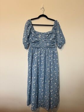 Commense Blue Floral Ruched Midi Dress